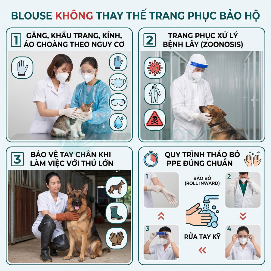 Hướng dẫn bác sĩ thú y sử dụng và tháo bỏ đồ bảo hộ khi chăm sóc chó mèo an toàn