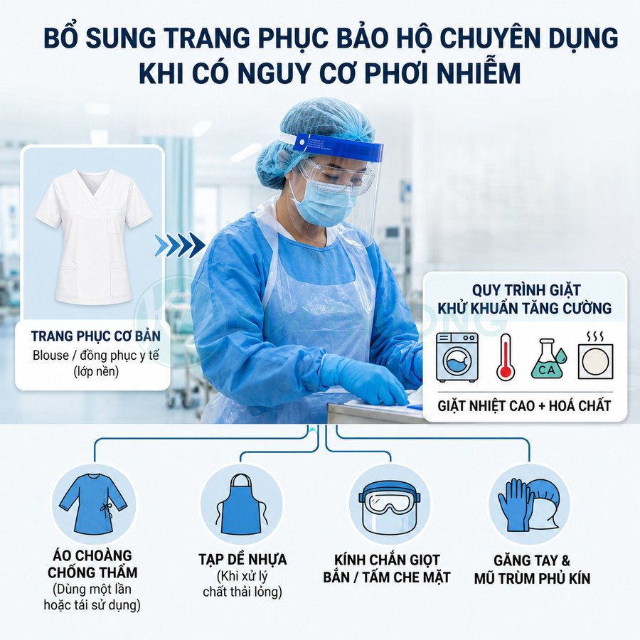 Nhân viên y tế mặc đầy đủ trang phục bảo hộ chuyên dụng với áo choàng, tạp dề nhựa, kính chắn giọt bắn, găng tay và khẩu trang