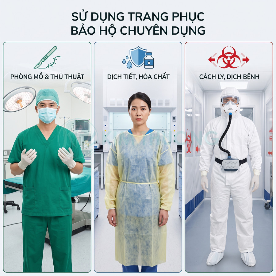 Các loại trang phục bảo hộ y tế chuyên dụng cho phòng mổ, chống dịch tiết hóa chất và cách ly dịch bệnh