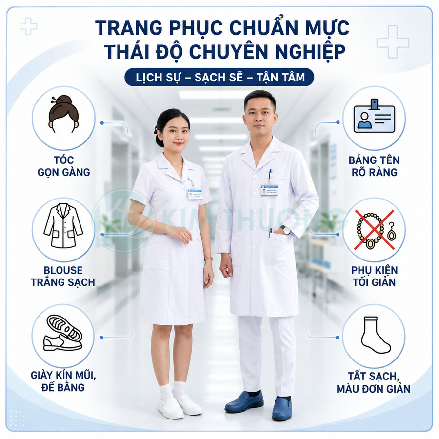 Trang phục chuẩn của nhân viên y tế với blouse trắng sạch, giày kín mũi, tóc gọn gàng và bảng tên rõ ràng
