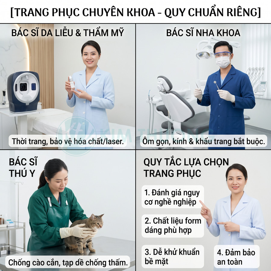 Trang phục chuyên khoa cho bác sĩ da liễu, nha khoa và thú y với áo blouse, đồ bảo hộ và găng tay an toàn