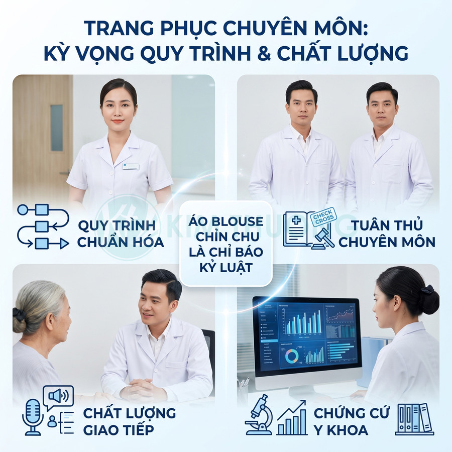 Bác sĩ mặc áo blouse trắng tư vấn bệnh nhân và làm việc với máy tính, thể hiện quy trình và chất lượng dịch vụ y khoa