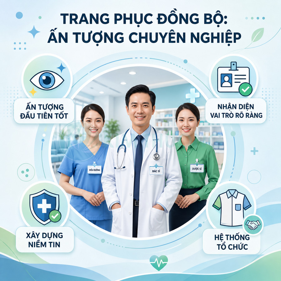 Bộ đồng phục y tế chuyên nghiệp cho bác sĩ, điều dưỡng, dược sĩ giúp nhận diện rõ vai trò và tạo ấn tượng tin cậy
