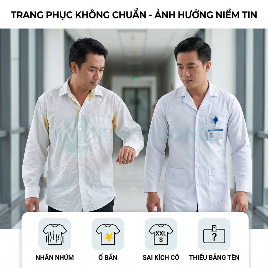 Bác sĩ mặc áo blouse trắng sạch sẽ đi cạnh người đàn ông áo sơ mi trắng nhăn bẩn trong hành lang bệnh viện