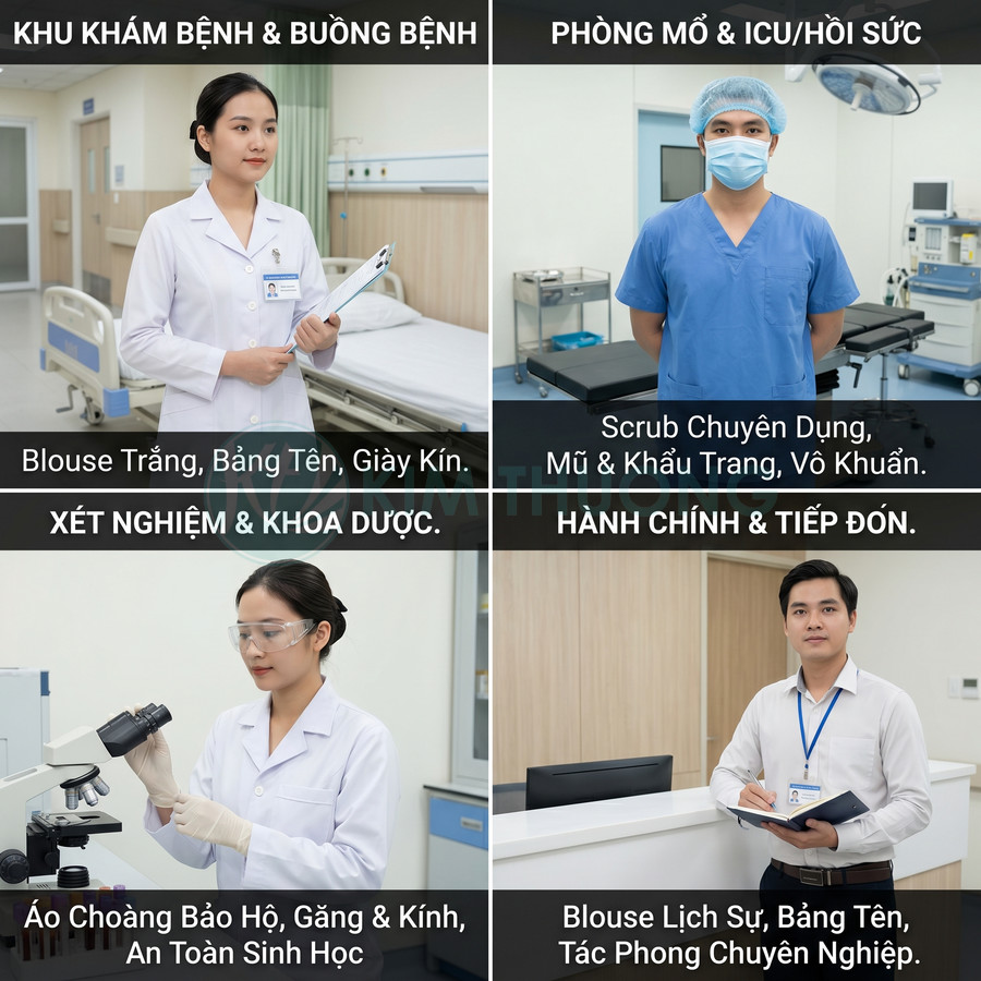 Trang phục nhân viên y tế chuẩn bệnh viện cho khu khám bệnh, phòng mổ, xét nghiệm và hành chính