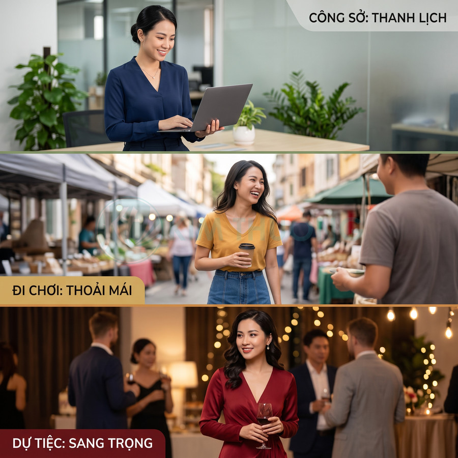 Các kiểu trang phục nữ thanh lịch cho công sở, đi chơi thoải mái và dự tiệc sang trọng