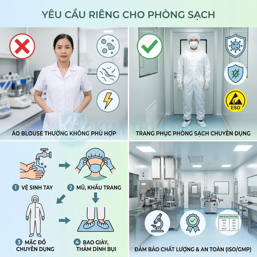 Quy trình mặc trang phục phòng sạch chuyên dụng và vệ sinh đảm bảo tiêu chuẩn ISO GMP trong phòng thí nghiệm