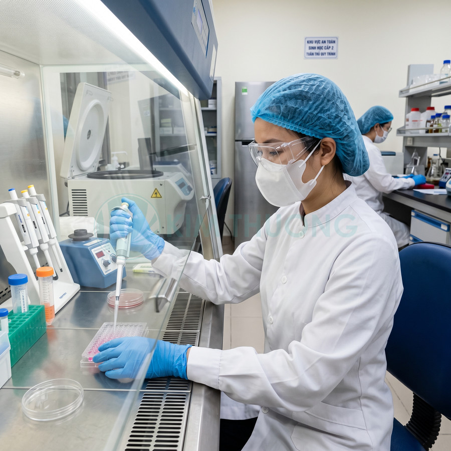 Kỹ thuật viên phòng thí nghiệm dùng micropipette lấy mẫu trong tủ an toàn sinh học