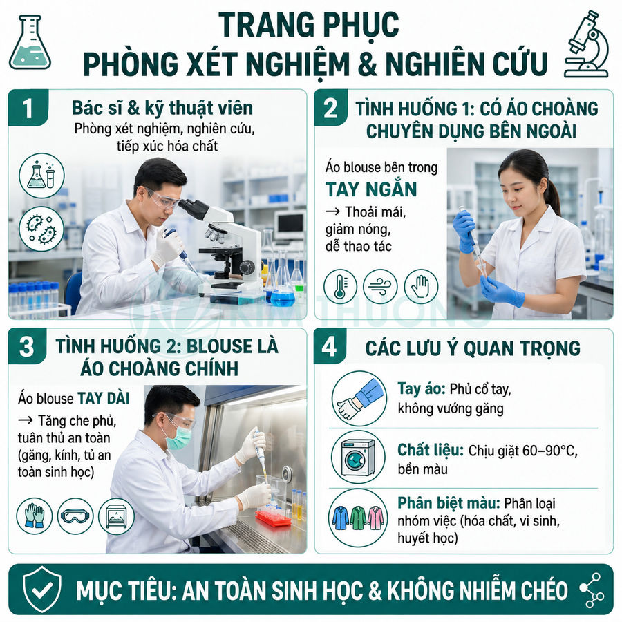 Trang phục blouse tay ngắn và tay dài cho bác sĩ kỹ thuật viên trong phòng xét nghiệm nghiên cứu an toàn sinh học