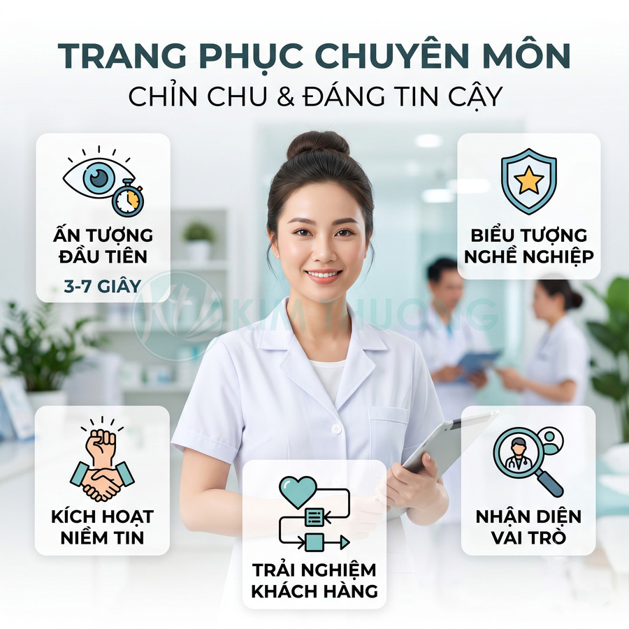 Nữ nhân viên y tế mặc đồng phục blouse trắng chuyên nghiệp, cầm tablet trong phòng khám hiện đại