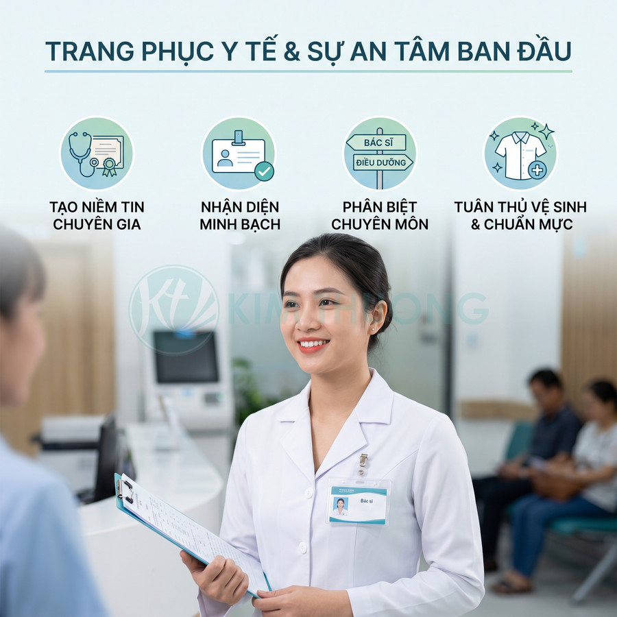 Bác sĩ mặc áo blouse trắng cầm bảng hồ sơ tư vấn bệnh nhân tại quầy tiếp nhận trong bệnh viện