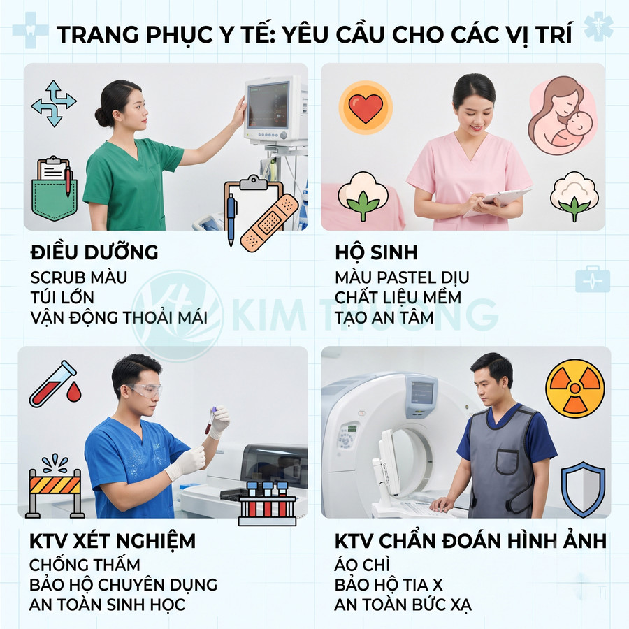Trang phục y tế cho điều dưỡng, hộ sinh, kỹ thuật viên xét nghiệm và chẩn đoán hình ảnh trong bệnh viện