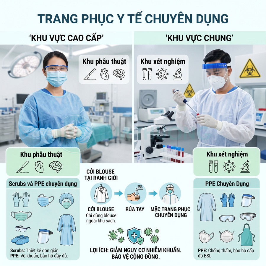 Trang phục y tế chuyên dụng cho bác sĩ phẫu thuật và kỹ thuật viên xét nghiệm trong bệnh viện