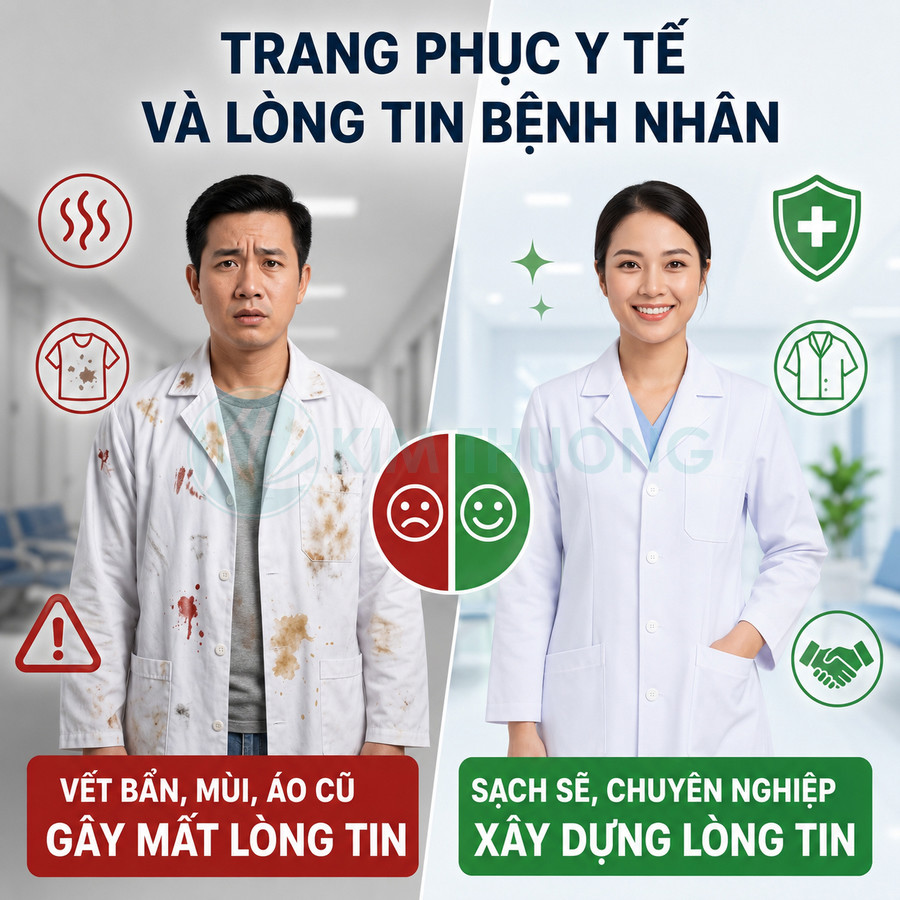 So sánh áo blouse bác sĩ bẩn và sạch, nhấn mạnh trang phục y tế sạch sẽ tạo dựng lòng tin bệnh nhân