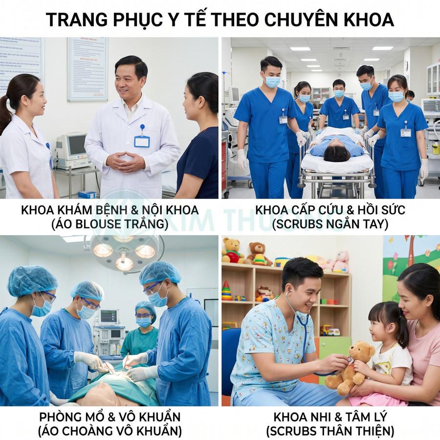 Trang phục y tế theo chuyên khoa gồm áo blouse trắng, scrubs xanh, áo choàng vô khuẩn và scrubs thân thiện cho khoa nhi
