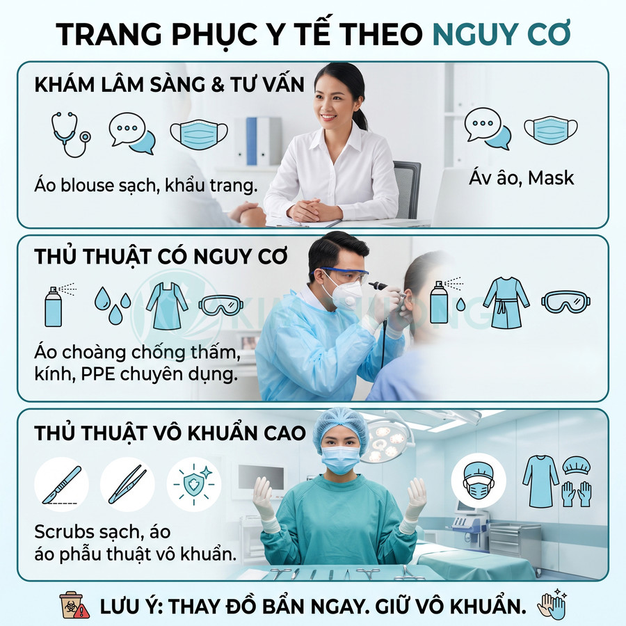 Trang phục y tế theo mức nguy cơ với áo blouse, áo choàng chống thấm và đồ phẫu thuật vô khuẩn trong bệnh viện