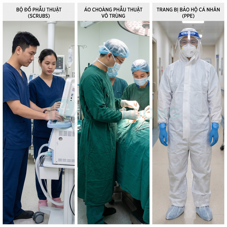 Các loại trang phục y tế gồm bộ đồ phẫu thuật, áo choàng phẫu thuật vô trùng và bộ đồ bảo hộ PPE