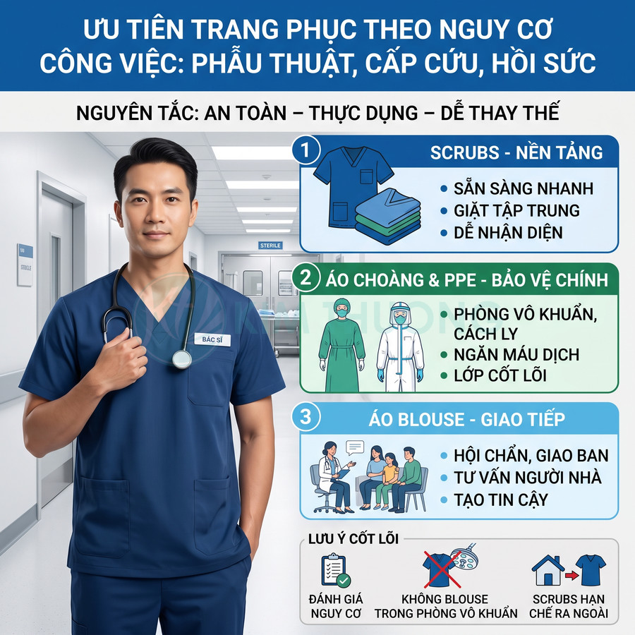 Bác sĩ mặc bộ scrubs xanh đậm với ống nghe trên cổ đứng trong hành lang bệnh viện hiện đại
