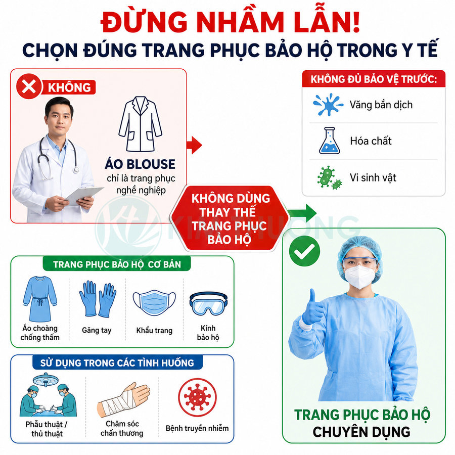 Hướng dẫn chọn đúng trang phục bảo hộ y tế, so sánh áo blouse và đồ bảo hộ chuyên dụng đầy đủ phụ kiện