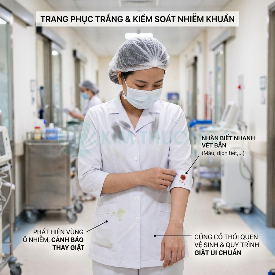 Nhân viên y tế mặc áo blouse trắng dính vết bẩn máu trong hành lang bệnh viện