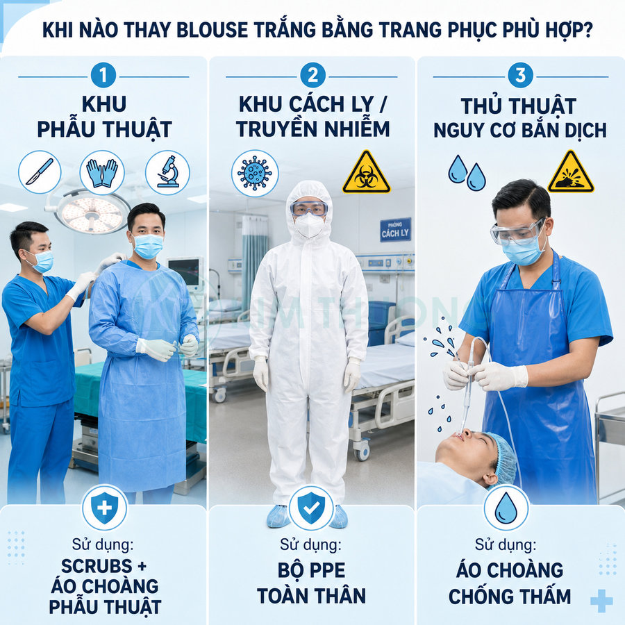Trang phục bảo hộ y tế gồm áo choàng phẫu thuật, bộ PPE toàn thân và áo choàng chống thấm trong bệnh viện