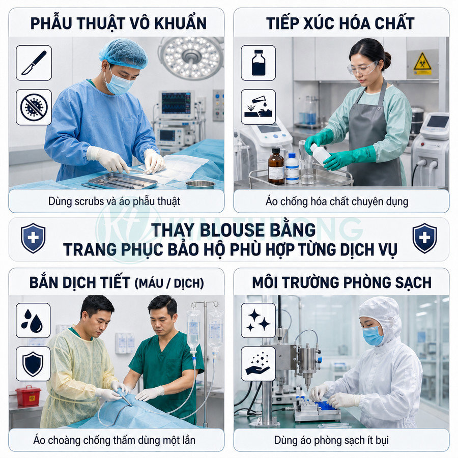 Trang phục bảo hộ y tế chuyên dụng cho phẫu thuật, tiếp xúc hóa chất, chống bắn dịch tiết và môi trường phòng sạch