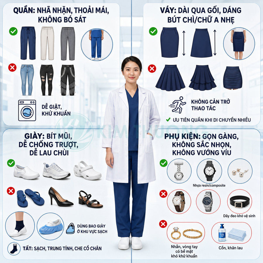 Hướng dẫn trang phục y tế chuẩn: áo blouse, quần áo scrub, giày bít mũi và phụ kiện gọn gàng cho nhân viên y tế
