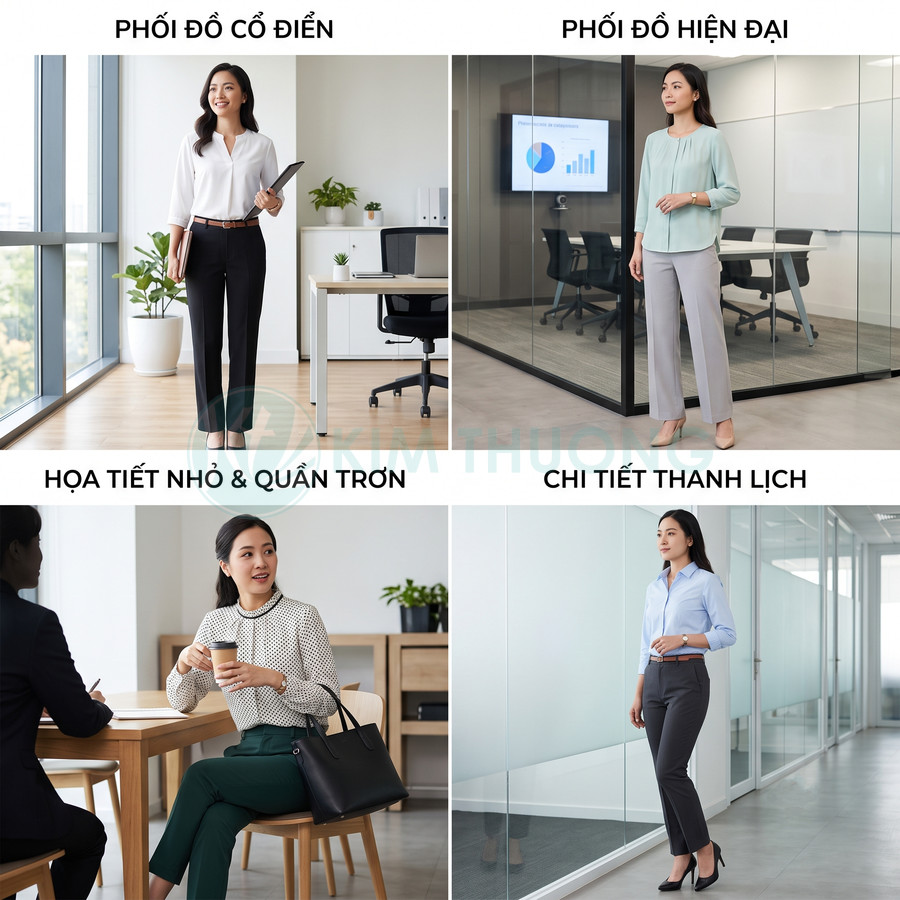 Các mẫu trang phục công sở nữ thanh lịch với quần tây áo sơ mi và áo blouse nhiều phong cách