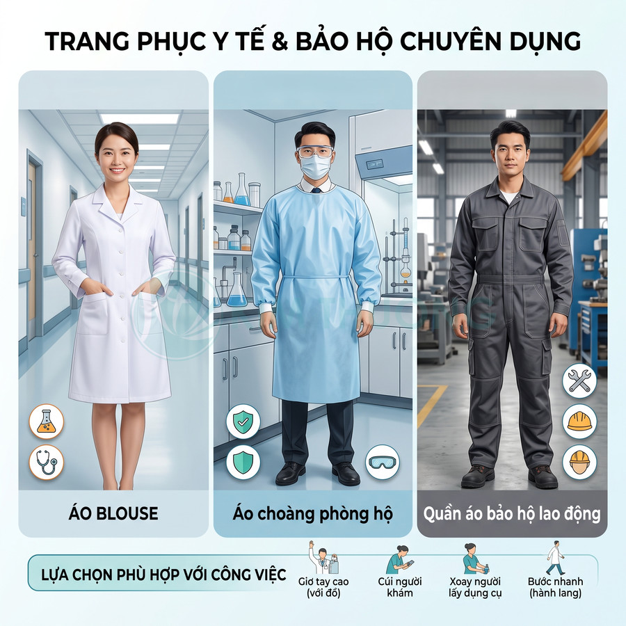 Trang phục y tế và bảo hộ chuyên dụng gồm áo blouse, áo choàng phòng hộ và quần áo bảo hộ lao động