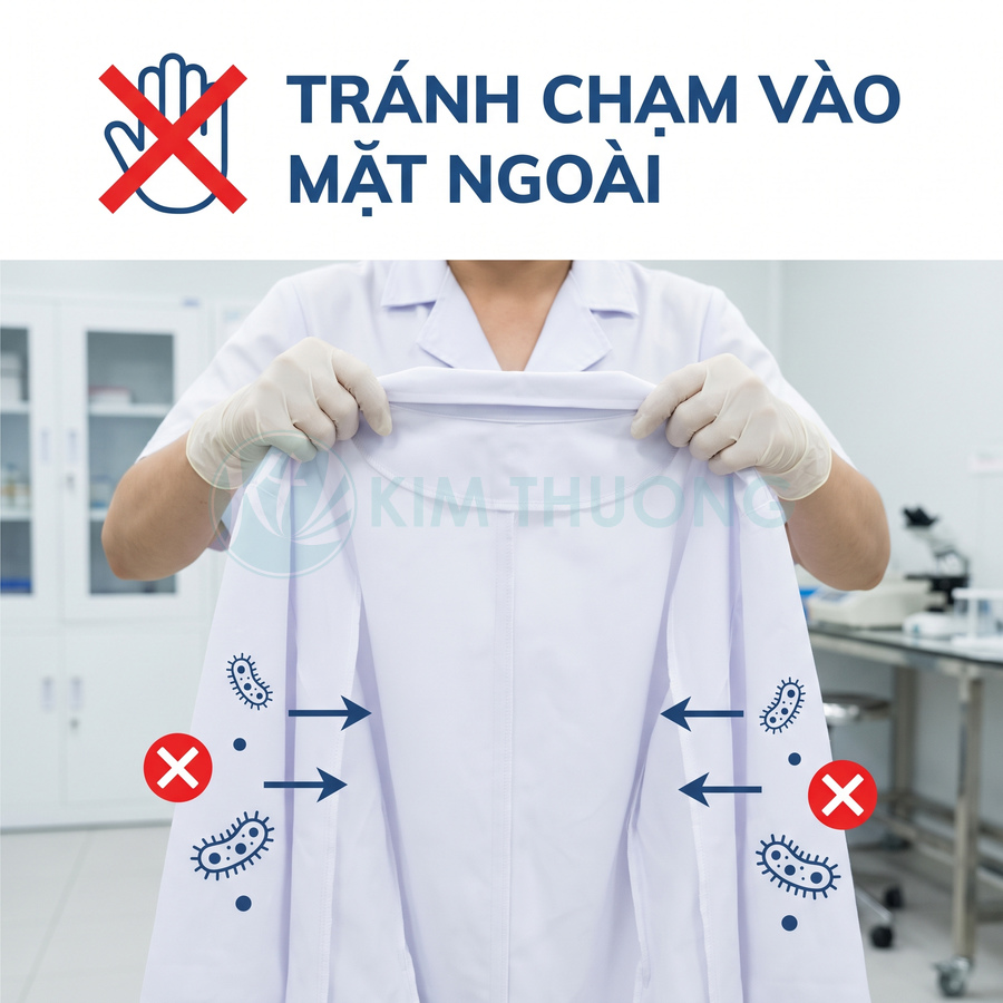 Áo blouse y tế màu trắng được kéo kín, giúp tránh để mặt ngoài tiếp xúc với cơ thể người mặc