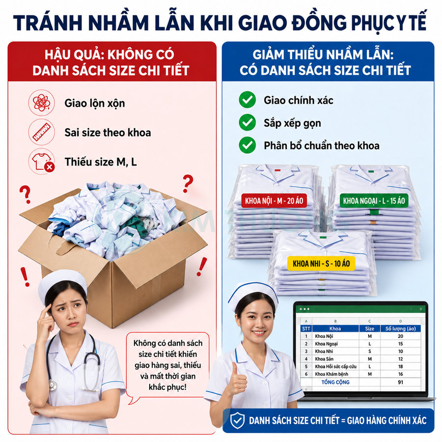 So sánh giao đồng phục y tế lộn xộn và đồng phục y tá được phân loại size, sắp xếp gọn gàng theo khoa