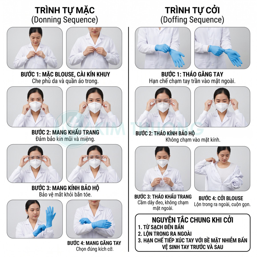 Hướng dẫn trình tự mặc và cởi đồ bảo hộ y tế với blouse, khẩu trang, kính bảo hộ và găng tay