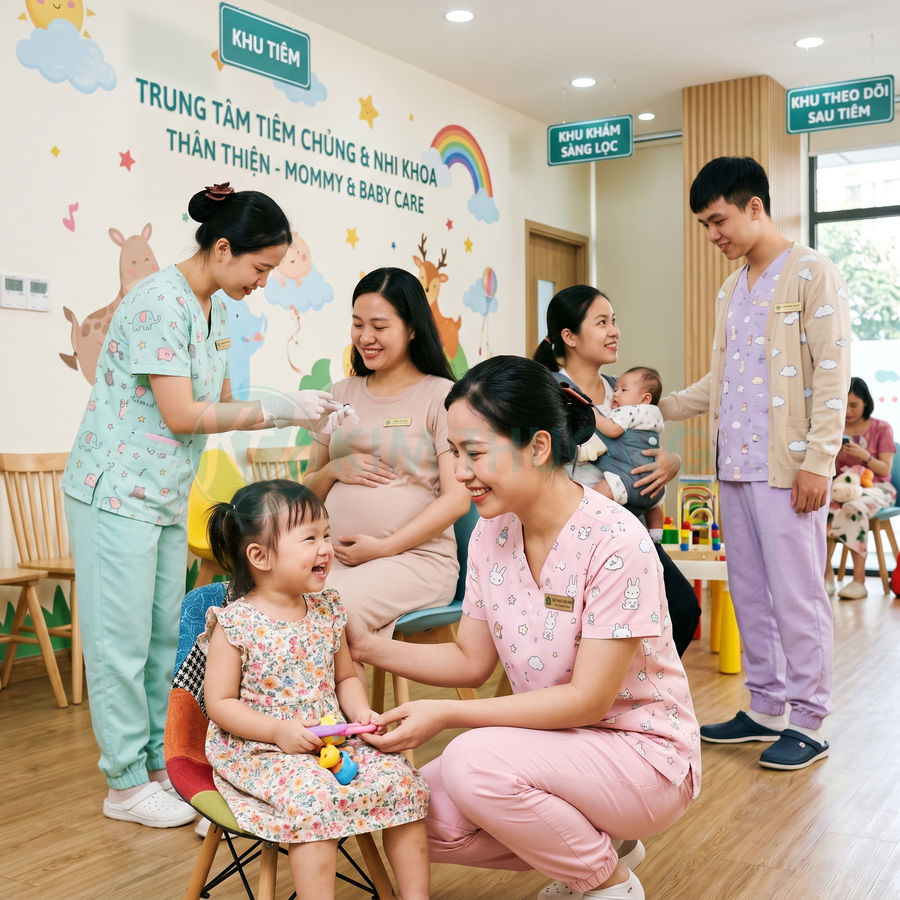 Nhân viên y tế chăm sóc trẻ em và thai phụ tại trung tâm tiêm chủng nhi khoa Mommy Baby Care
