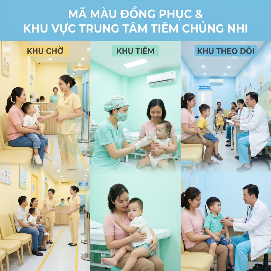 Trung tâm tiêm chủng nhi với các khu chờ, khu tiêm và khu theo dõi cho trẻ em và phụ huynh