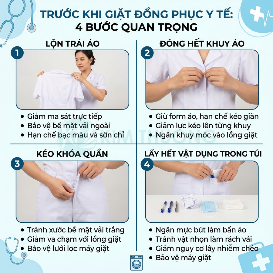 Hướng dẫn 4 bước chuẩn bị giặt đồng phục y tế trắng giúp bảo vệ áo quần và giữ form lâu bền