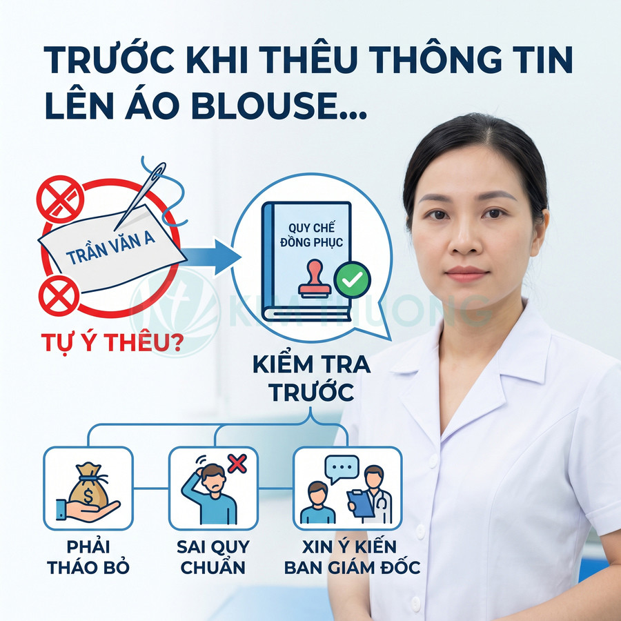Nhân viên y tế mặc áo blouse trắng đứng cạnh infographic hướng dẫn thêu thông tin đúng quy định lên áo