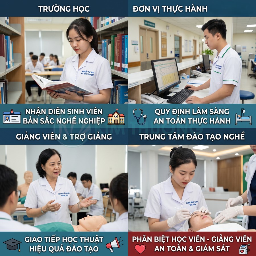 Sinh viên và giảng viên y khoa thực hành lâm sàng và học tập trong trung tâm đào tạo nghề y