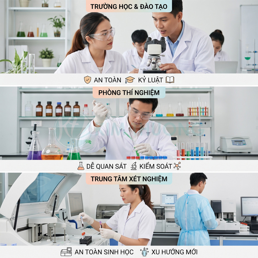 Nhân viên phòng thí nghiệm sử dụng kính hiển vi và máy xét nghiệm hiện đại trong trường học và trung tâm xét nghiệm