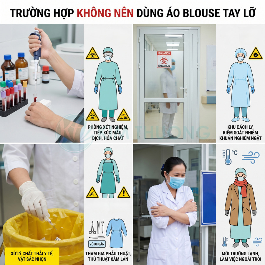Hình ảnh minh họa các trường hợp không nên dùng áo blouse tay lỡ trong môi trường y tế và ngoài trời lạnh