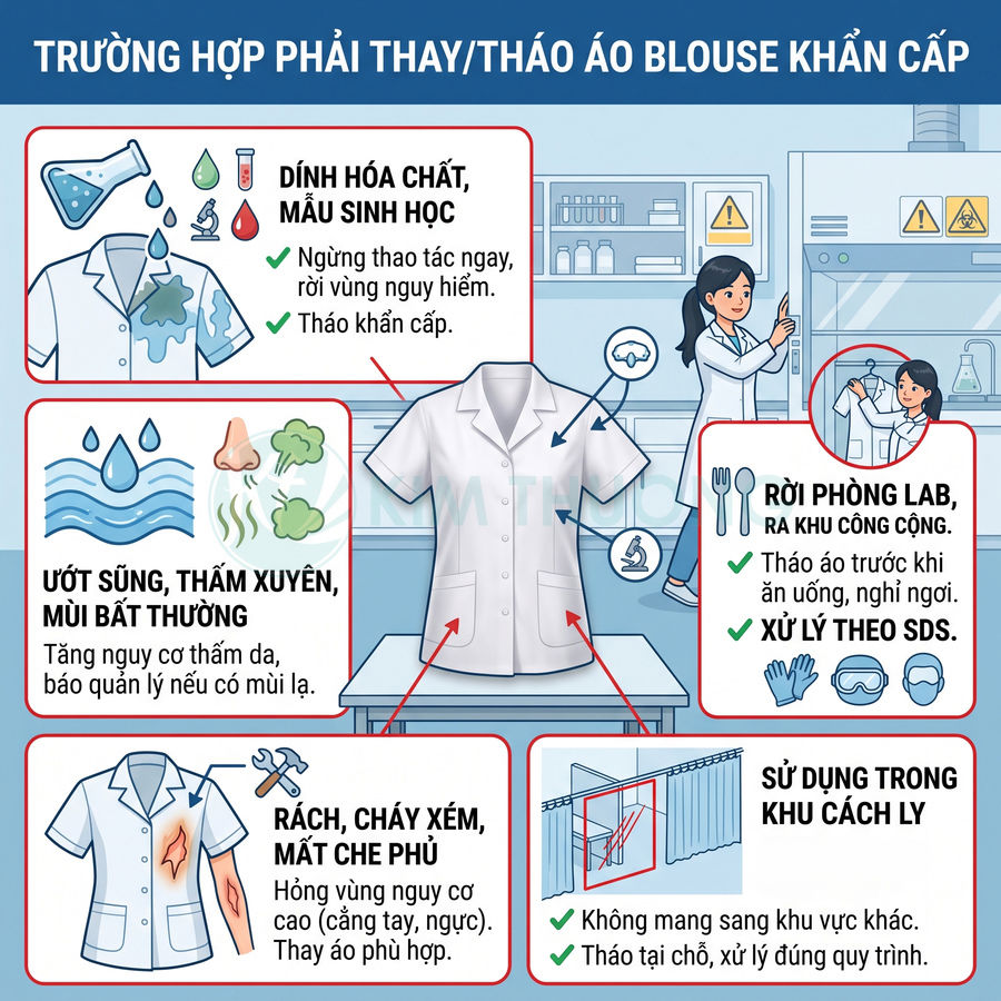 Hướng dẫn thay tháo áo blouse phòng thí nghiệm khi dính hóa chất, rách cháy, ướt sũng hoặc ra khỏi phòng lab
