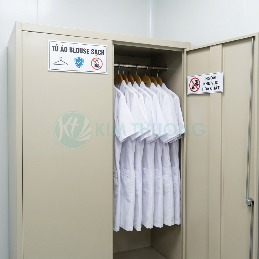 Tủ áo blouse sạch bằng kim loại, bên trong treo nhiều áo blouse trắng trên móc gỗ