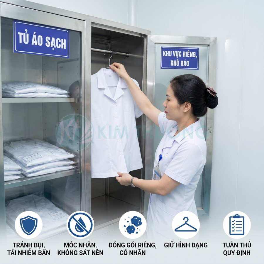 Nhân viên y tế treo áo blouse trắng trong tủ bảo quản quần áo sạch, khô ráo, tránh bụi và nấm mốc
