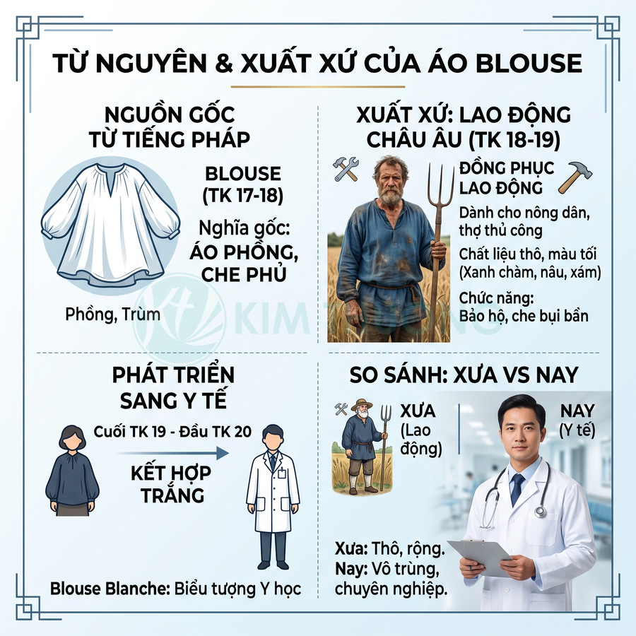 Infographic về nguồn gốc và sự phát triển của áo blouse từ lao động châu Âu đến áo blouse trắng y tế hiện đại