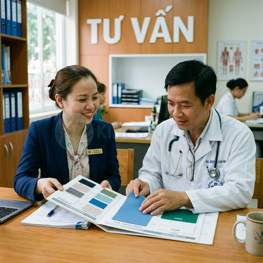 Bác sĩ và nhân viên tư vấn lựa chọn mẫu vải ghế phòng khám trong phòng tư vấn