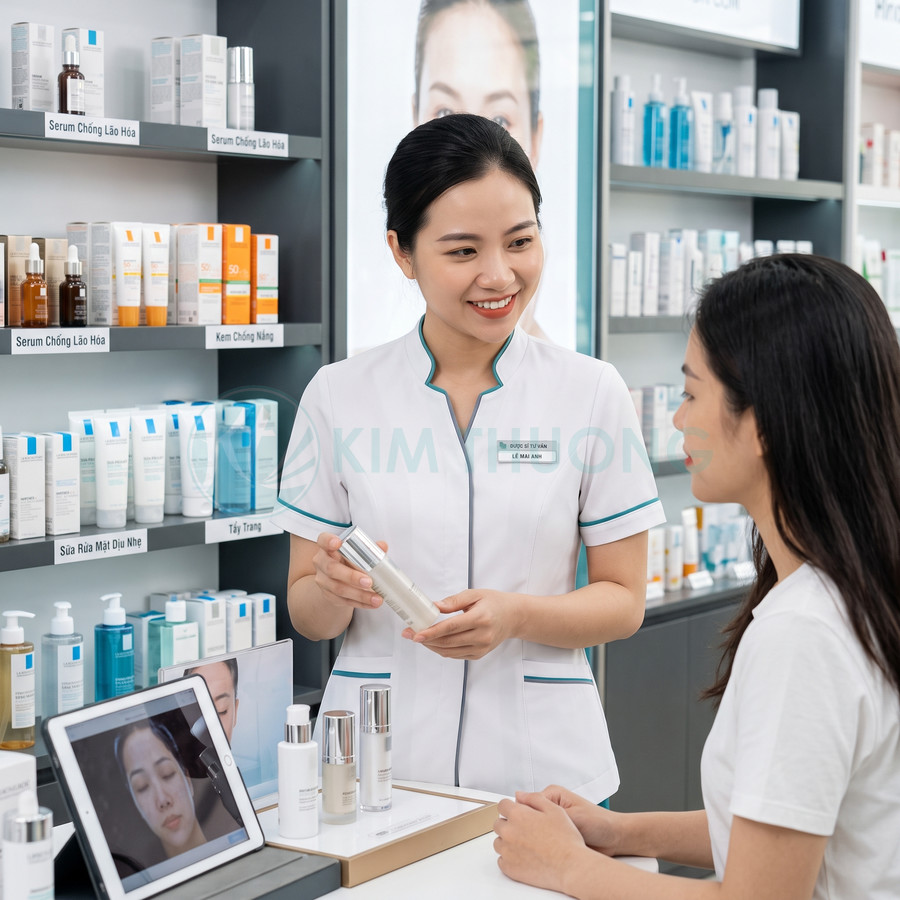 Dược sĩ tư vấn cho khách hàng về chai serum dưỡng da tại quầy mỹ phẩm trong nhà thuốc