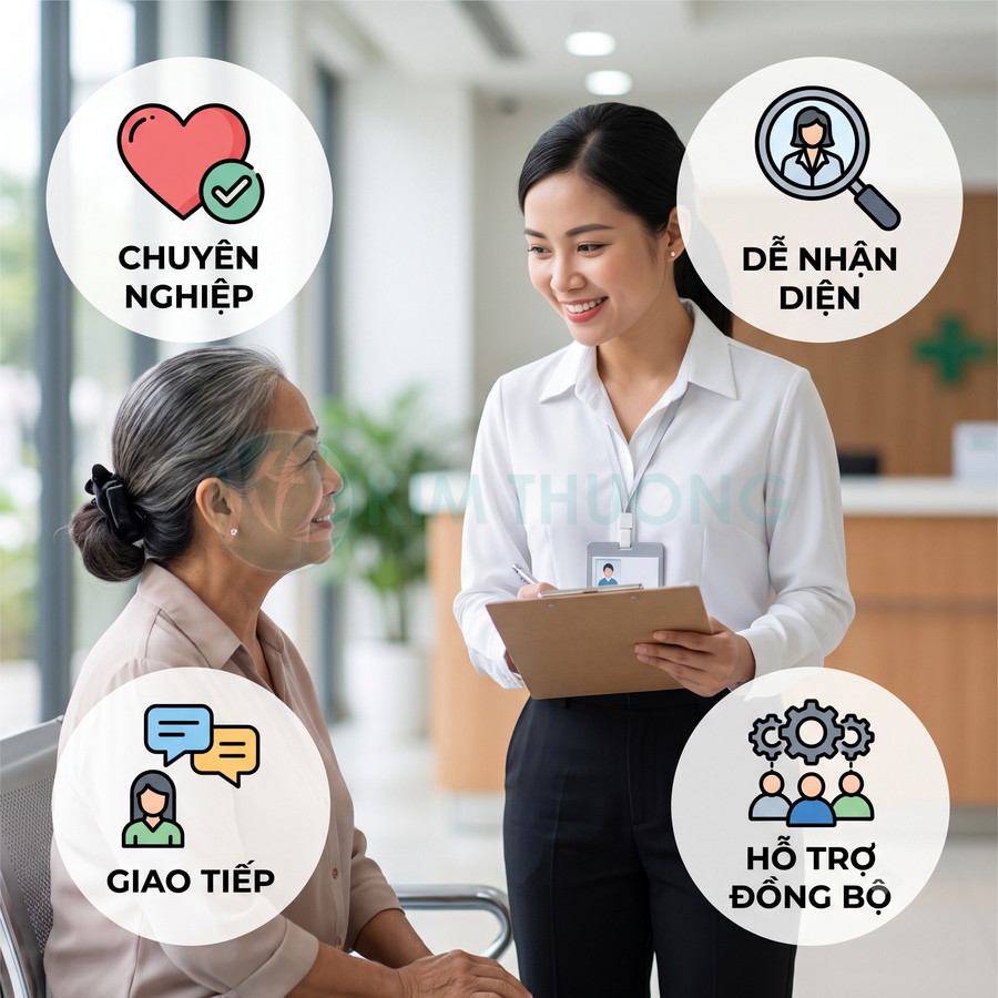 Nhân viên y tế đeo bảng tên tư vấn cho bệnh nhân lớn tuổi với các biểu tượng chuyên nghiệp giao tiếp hỗ trợ đồng bộ