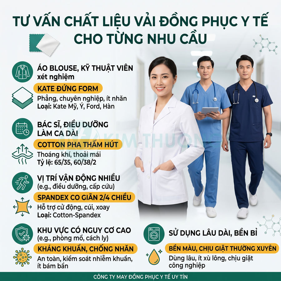 Nhân viên y tế mặc áo blouse trắng và đồ scrub xanh dương giới thiệu chất liệu vải đồng phục y tế