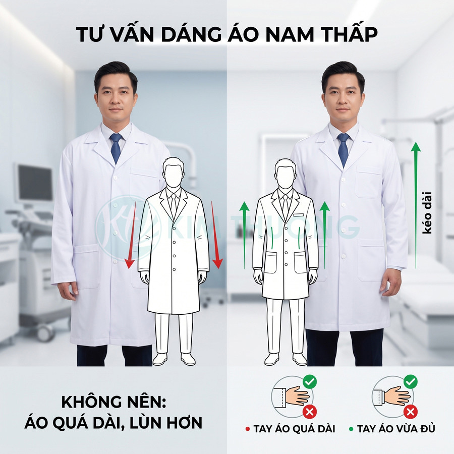 Bác sĩ nam mặc áo blouse trắng vừa vặn, tư vấn chọn chiều dài áo và tay áo phù hợp cho người thấp