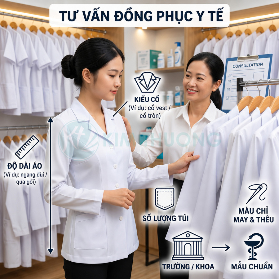 Nhân viên tư vấn lựa chọn áo blouse trắng đồng phục y tế cho nữ tại cửa hàng