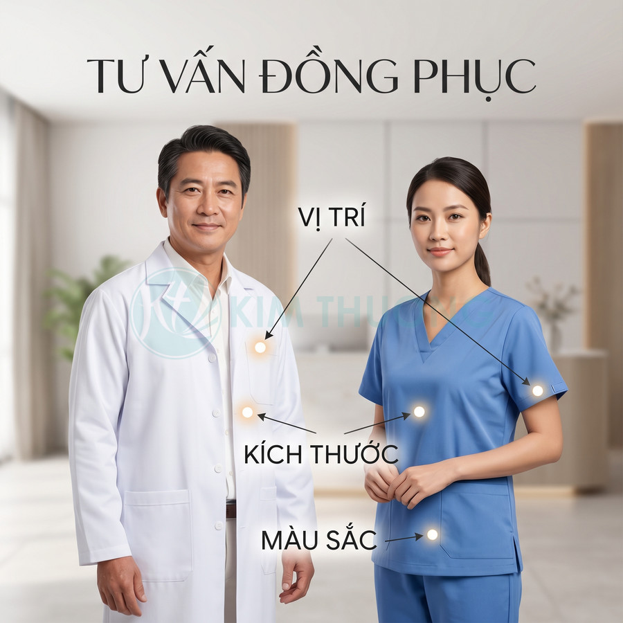Tư vấn thiết kế đồng phục y tế với bác sĩ áo blouse trắng và nữ điều dưỡng mặc scrubs xanh